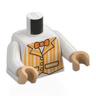 Visuel indicatif Rebrickable de Torse, lumière orange rayé dapper dan veste, orange noeud papillon motif imprimé, bras blancs, bras de beige chaud (Torso, Bright Light Orange Striped Dapper Dan Jacket, Orange Bow Tie Print, White Arms, Warm Tan Arms)