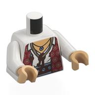 Chemise torse, gilet rouge foncé, décorations en or, ceinture orange foncé, chemise blanche, collier avec clés motif imprimé, bras blancs, mains beige chaud (Torso Shirt, Dark Red Vest, Gold Decorations, Dark Orange Belt, White Shirt, Necklace with Keys Print, White Arms, Warm Tan Hands)