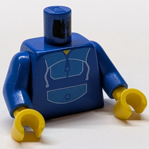 Torse, sweat à capuche, survêtement avec poche et col bleu clair, motif imprimé à glissière, bras bleus, mains jaunes (Torso, Hoodie, Tracksuit with Light Blue Pocket and Collar, Zipper Print, Blue Arms, Yellow Hands)