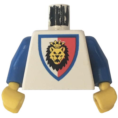 Torse, tête de lion sur motif imprimé bouclier rouge et blanc, bras bleus, mains jaunes (Torso, Lion Head on Red and White Shield Print, Blue Arms, Yellow Hands)