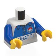 Visuel indicatif Rebrickable de Torse, Veste de course, Symbole EB rouge et vert, haut bleu, motif : inscription 'BUGATTI', bras bleus, mains jaunes (Torso, Racing Jacket, Red and Green EB Symbol, Blue Top, 'BUGATTI' Print, Blue Arms, Yellow Hands)