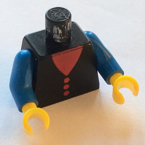 Torse, Gilet avec col en V rouge et boutons imprimés, bras bleus, mains jaunes (Torso, Vest with Red V-Neck and Buttons Print, Blue Arms, Yellow Hands)