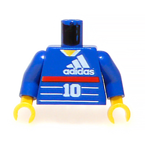 Torse, Maillot de football avec logo Adidas, bande rouge, '10' / Zidane au dos motif imprimé, bras bleus, mains jaunes (Torso, Soccer Jersey with Adidas Logo, Red Stripe, '10' / Zidane on Back Print, Blue Arms, Yellow Hands)