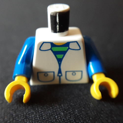 Visuel indicatif Rebrickable de Torse, Gilet, Sous-chemise rayée, Fermeture éclair, Motif imprimé poches, bras bleus, mains jaunes (Torso, Vest, Striped Undershirt, Zipper, Pockets Print, Blue Arms, Yellow Hands)