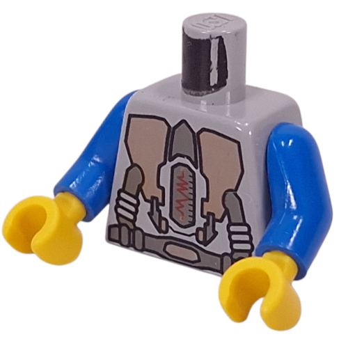 Visuel indicatif Rebrickable de Torse, combinaison spatiale avec des machines triangulaires d'or et motif imprimé ceinture, bras bleus, mains jaunes (Torso, Spacesuit with Gold Triangular Machinery and Belt Print, Blue Arms, Yellow Hands)