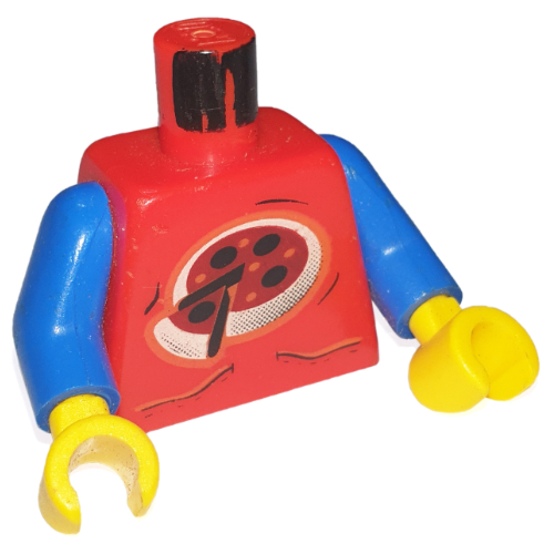 Visuel indicatif Rebrickable de Torse, chemise, pizza avec motif imprimé en tranches (poivre), bras bleus, mains jaunes (Torso, Shirt, Pizza with Slice Print (Pepper), Blue Arms, Yellow Hands)