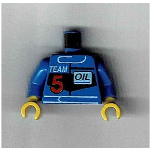 Torse, veste de course avec motif imprimé 'Team 5' et 'Oil', bras bleus, mains jaunes (Torso, Racing Jacket with 'Team 5' and 'Oil' Print, Blue Arms, Yellow Hands)