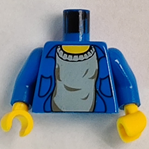 Visuel indicatif Rebrickable de Torse, chemise, ouvert sur gris sous-chemise motif imprimé, bras bleus, mains jaunes (Torso, Shirt, Open over Gray Undershirt Print, Blue Arms, Yellow Hands)