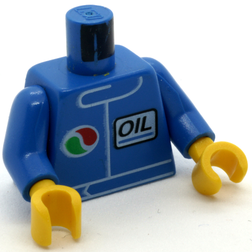 Torse, Veste de course avec logo Octan et motif imprimé 'OIL' en italique, bras bleus, mains jaunes (Torso, Racing Jacket with Octan Logo and Italic 'OIL' Print, Blue Arms, Yellow Hands)