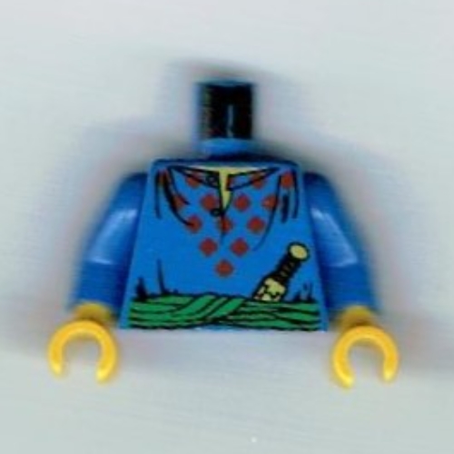 Torse, tunique avec diamants rouges, ceinture, couteau, motif imprimé col ouvert, bras bleus, mains jaunes (Torso, Tunic with Red Diamonds, Sash, Knife, Open Collar Print, Blue Arms, Yellow Hands)