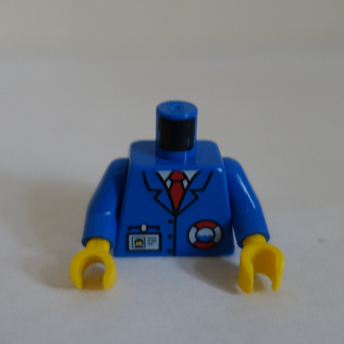 Visuel indicatif Rebrickable de Torse, veste, logo de la garde côtière de sauvetage, étiquette de nom, col bleu, motif imprimé cravate rouge, bras bleus, mains jaunes (Torso, Jacket, Rescue Coast Guard Logo, Nametag, Blue Collar, Red Tie Print, Blue Arms, Yellow Hands)