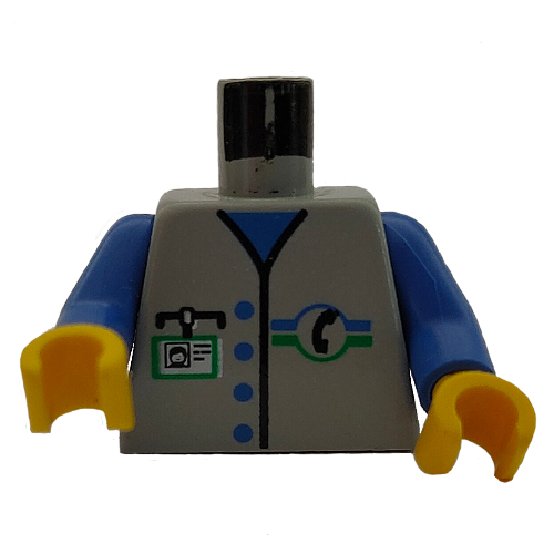 Visuel indicatif Rebrickable de Torse, gilet, Logo du téléphone, 4 boutons bleus motif imprimé, bras bleus, mains jaunes (Torso, Vest, Telephone Logo, 4 Blue Buttons Print, Blue Arms, Yellow Hands)