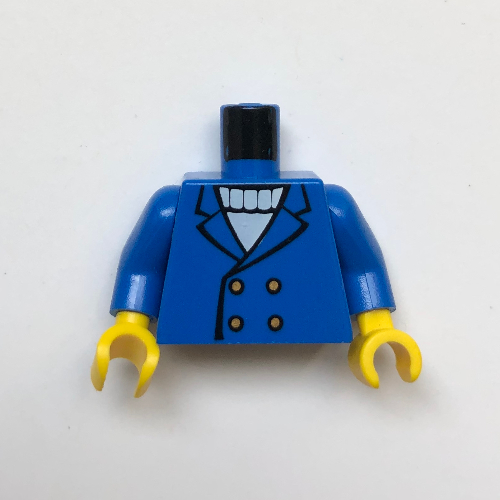 Visuel indicatif Rebrickable de Torse, Veste à 4 boutons et pull blanc motif imprimé, bras bleus, mains jaunes (Torso, Jacket with 4 Buttons and White Sweater Print, Blue Arms, Yellow Hands)