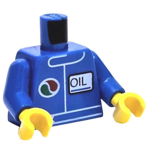Visuel indicatif Rebrickable de Torse, veste de course avec le logo Octan et de l'huile '2012 The LEGO Store Overland Park, KS' 2012 la boutique LEGO parc terrestre, ks' sur le dos motif imprimé, bras bleus, mains jaunes (Torso, Racing Jacket with Octan Logo and OIL' / '2012 The LEGO Store Overland Park, KS' on Back Print, Blue Arms, Yellow Hands)
