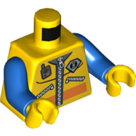 Torse, Combinaison humide avec logo de la garde côtière, fermetures à glissière et motif imprimé Radio, bras bleus, mains jaunes (Torso, Wet Suit with Coast Guard Logo, Zippers and Radio Print, Blue Arms, Yellow Hands)
