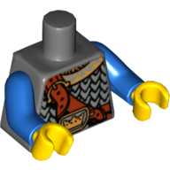 Visuel indicatif Rebrickable de Torse, armure à écailles, couronne sur boucle, ceinture poitrine motif imprimé, bras bleus, mains jaunes (Torso, Armor Scale Mail, Crown on Buckle, Chest Strap Print, Blue Arms, Yellow Hands)