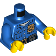 Visuel indicatif Rebrickable de Torse, chemise, insigne de police en or, boucle en or et ceinture noire avec pochettes motif imprimé, bras bleus, mains jaunes (Torso, Shirt, Gold Police Badge, Gold Buckle and Black Belt with Pouches Print, Blue Arms, Yellow Hands)