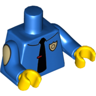 Visuel indicatif Rebrickable de Torse, Chemise avec insigne de police argenté et motif imprimé cravate noire, Bras bleus avec motif imprimé ovale jaune clair, mains jaunes (Torso, Shirt with Silver Police Badge and Black Necktie Print, Blue Arms with Light Yellow Ovals Print, Yellow Hands)