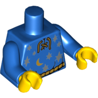 Visuel indicatif Rebrickable de Torse, Chemise à lacets avec lune et étoiles et or Corde Ceinture motif imprimé, bras bleus, mains jaunes (Torso, Shirt Lace-up with Moon and Stars and Gold Rope Belt Print, Blue Arms, Yellow Hands)