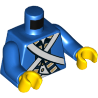 Visuel indicatif Rebrickable de Torse, veste, Croix blanche sangles motif imprimé (Soldat bleu), bras bleus, mains jaunes (Torso, Jacket, White Cross Straps Print (Bluecoat Soldier), Blue Arms, Yellow Hands)