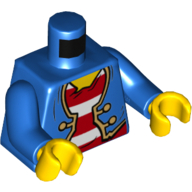 Visuel indicatif Rebrickable de Torse, veste, ouvert sur chemise rayée rouge et blanc, or Garniture et boutons motif imprimé, bras bleus, mains jaunes (Torso, Jacket, Open over Red and White Striped Shirt, Gold Trim and Buttons Print, Blue Arms, Yellow Hands)