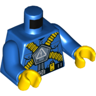 Visuel indicatif Rebrickable de Torse, chemise avec poches, harnais avec tubes jaunes, ceinture noire avec motif imprimé batterie jaune, bras bleus, mains jaunes (Torso, Shirt with Pockets, Harness with Yellow Tubes, Black Belt with Yellow Battery Print, Blue Arms, Yellow Hands)