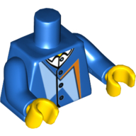 Visuel indicatif Rebrickable de Torse, Veste avec formes géométriques bleu clair et orange vif sur chemise blanche avec motif imprimé col, bras bleus, mains jaunes (Torso, Jacket with Bright Light Blue and Orange Geometric Shapes over White Shirt with Collar Print, Blue Arms, Yellow Hands)