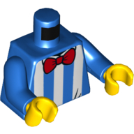 Visuel indicatif Rebrickable de Torse, motif : chemise avec rayures blanches et nœud papillon rouge, bras bleus, mains jaunes (Torso, Shirt with White Stripes and Red Bow Tie Print, Blue Arms, Yellow Hands)