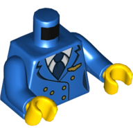 Torse, Veste, Chemise blanche, Cravate bleue, Boutons dorés et Badge pilote ailé motif imprimé, bras bleus, mains jaunes (Torso, Jacket, White Shirt, Blue Tie, Gold Buttons and Winged Pilot Badge Print, Blue Arms, Yellow Hands)