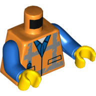 Visuel indicatif Rebrickable de Torse, gilet de sécurité avec des rayures usées réfléchissantes sur le motif imprimé chemise bleue, bras bleus, mains jaunes (Torso, Safety Vest with Reflective Worn Stripes over Blue Shirt Print, Blue Arms, Yellow Hands)