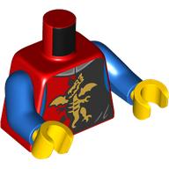 Visuel indicatif Rebrickable de Torse, armure de chevalier, panneau rouge/bleu, motif imprimé dragon d'or, bras bleus, mains jaunes (Torso, Knight Armor, Red/Blue Panel, Gold Dragon Print, Blue Arms, Yellow Hands)