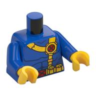 Torse, contour des muscles et bandoulière jaune et ceinture avec boucle logo X-Men, motif imprimé, bras bleus, mains jaunes (Torso, Muscles Outline and Yellow Shoulder Strap and Belt with X-Men Logo Buckle, Print, Blue Arms, Yellow Hands)