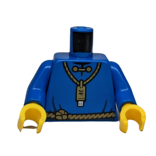 Visuel indicatif Rebrickable de Torse, robe avec clé USB or sur collier avec 'M', ceinture de corde beige foncé (Merlok), bras bleus, mains jaunes (Torso, Robe with Gold USB Flash Drive on Necklace with 'M', Dark Tan Rope Belt (Merlok), Blue Arms, Yellow Hands)
