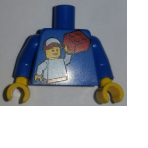 Visuel indicatif Rebrickable de Torse, LEGO KidsFestival, Garçon tenant le motif imprimé rouge brique, bras bleus, mains jaunes (Torso, LEGO KidsFest, Boy Holding Red Brick Print, Blue Arms, Yellow Hands)