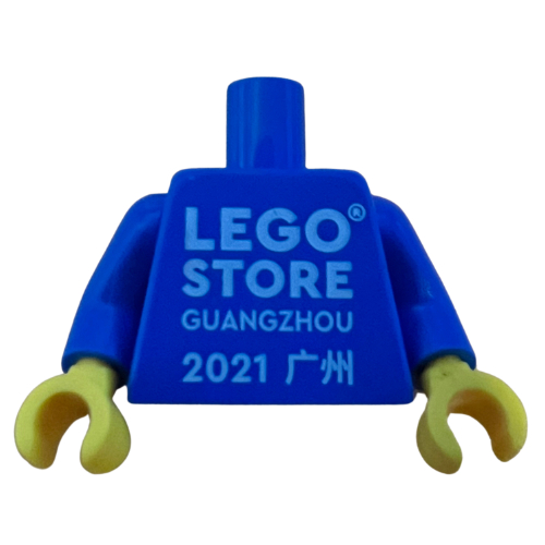 Torse, 'LEGO STORE GUANGZHOU 2021' / Logo LEGO Arrière imprimé, bras bleus, mains jaunes (Torso, 'LEGO STORE GUANGZHOU 2021' / LEGO Logo Back Print, Blue Arms, Yellow Hands)