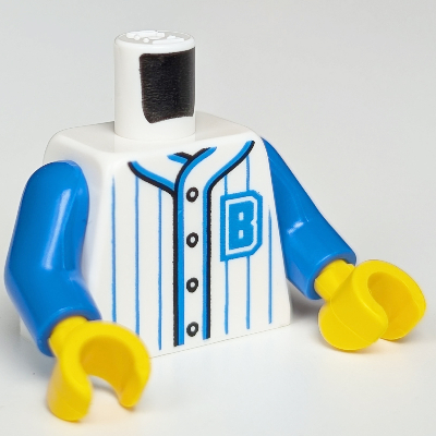 Visuel indicatif Rebrickable de Torse, maillot de baseball, rayures bleues verticales avec boutons et logo 'B' motif imprimé, bras bleus, mains jaunes (Torso, Baseball Jersey, Vertical Blue Stripes with Buttons and 'B' Logo Print, Blue Arms, Yellow Hands)