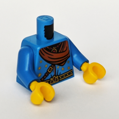 Visuel indicatif Rebrickable de Torse, tunique avec ceinture d'or et noir, étoiles d'or, bandana brun rougeâtre et collier motif imprimé, bras bleus, mains jaunes (Torso, Tunic with Gold and Black Belt, Gold Stars, Reddish Brown Bandana and Necklace Print, Blue Arms, Yellow Hands)