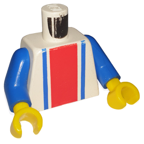Torse, rayures verticales imprimé rouge/bleu, bras bleus, mains jaunes (Torso, Vertical Striped Red/Blue Print, Blue Arms, Yellow Hands)
