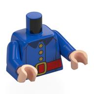 Visuel indicatif Rebrickable de Torse, Veste, Boutons jaunes, grand ceinture rouge, boucle de ceinture dorée motif imprimé, bras bleus, mains nougat clair (Torso, Jacket, Yellow Buttons, Wide Red Belt, Gold Belt Buckle Print, Blue Arms, Light Nougat Hands)