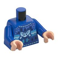 Visuel indicatif Rebrickable de Torse, pull de Noël, Pixie, motif imprimé présent, bras bleus, mains nougat clair (Torso, Christmas Sweater, Pixie, Present Print, Blue Arms, Light Nougat Hands)
