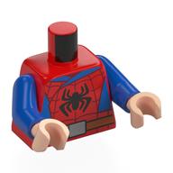 Torse, costume de Spider-Man, araignée noire, côtés bleus, ceinture brun rougeâtre, motif imprimé boucle de ceinture argentée, bras bleus, mains nougat clair (Torso, Spider-Man Suit, Black Spider, Blue Sides, Reddish Brown Belt, Silver Belt Buckle Print, Blue Arms, Light Nougat Hands)