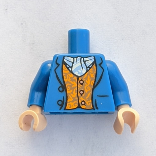 Visuel indicatif Rebrickable de Manteau torse avec gilet orange, boutons, motif imprimé écharpe blanc/bleu clair (Bilbo Baggins), bras bleus, mains nougat clair (Torso Coat with Orange Vest, Buttons, White/Light Blue Scarf Print (Bilbo Baggins), Blue Arms, Light Nougat Hands)