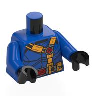 Torse, armure thoracique, sangles jaunes, boucles rouges avec motif imprimé X, bras bleus, mains noires (Torso, Chest Armour, Yellow Straps, Red Buckles with X Print, Blue Arms, Black Hands)
