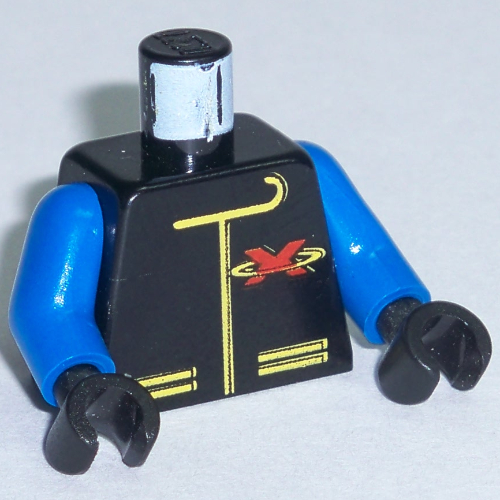 Veste torse rouge extrême équipe 'X' logo motif imprimé, bras bleus, mains noires (Torso Jacket with Red Extreme Team 'X' Logo Print, Blue Arms, Black Hands)