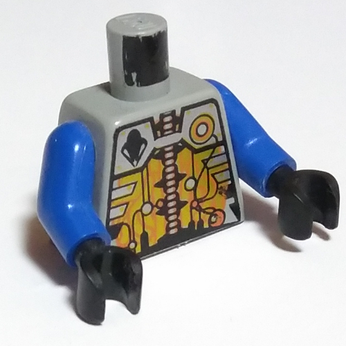 Visuel indicatif Rebrickable de Torse UFO Argent et or circuit motif imprimé, bras bleus, mains noires (Torso UFO Silver and Gold Circuitry Print, Blue Arms, Black Hands)