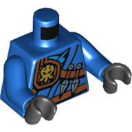 Visuel indicatif Rebrickable de Robe de torse avec ceinture, couteau, fourreau et emblème de puissance de la foudre motif imprimé, bras bleus, mains noires (Torso Robe with Belt, Knife, Scabbard and Lightning Power Emblem Print, Blue Arms, Black Hands)