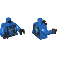Visuel indicatif Rebrickable de Robe de torse avec harnais avec pochettes / emblème du dragon à l'arrière motif imprimé, bras bleus, mains noires (Torso Robe with Harness with Pouches / Dragon Emblem on Back Print, Blue Arms, Black Hands)