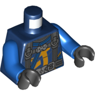 Combinaison de torse, symbole orange clair lumineux, motif imprimé harnais gris bleuté foncé, bras bleus, mains noires (Torso Wetsuit, Bright Light Orange Symbol, Dark Bluish Gray Harness Print, Blue Arms, Black Hands)