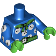 Visuel indicatif Rebrickable de Torse, combinaison avec horloges, écharpe verte, motif : ceinture verte, bras bleus avec motif imprimé horloges, mains vert vif (Torso, Jumpsuit with Clocks, Green Scarf, Green Belt Print, Blue Arms with Clocks Print, Bright Green Hands)