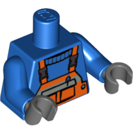 Salopette torse, orange avec stylo dans la poche et bande de sécurité sur pull motif imprimé, bras bleus, mains gris bleuté foncé (Torso Overalls, Orange with Pen in Pocket and Safety Stripe over Sweater Print, Blue Arms, Dark Bluish Gray Hands)